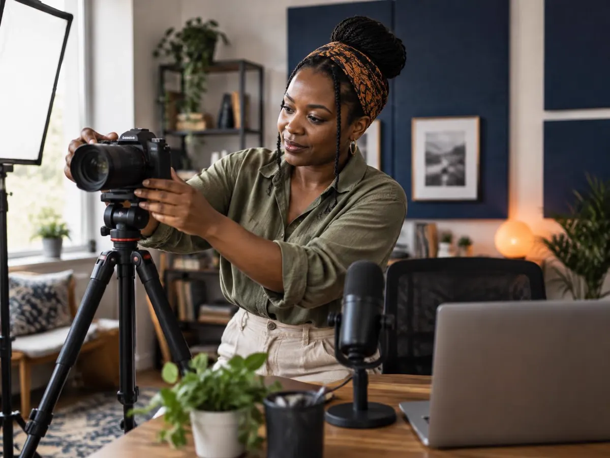 Illustration of a creator adjusting a camera on a tripod in a home studio with navy acoustic panels.