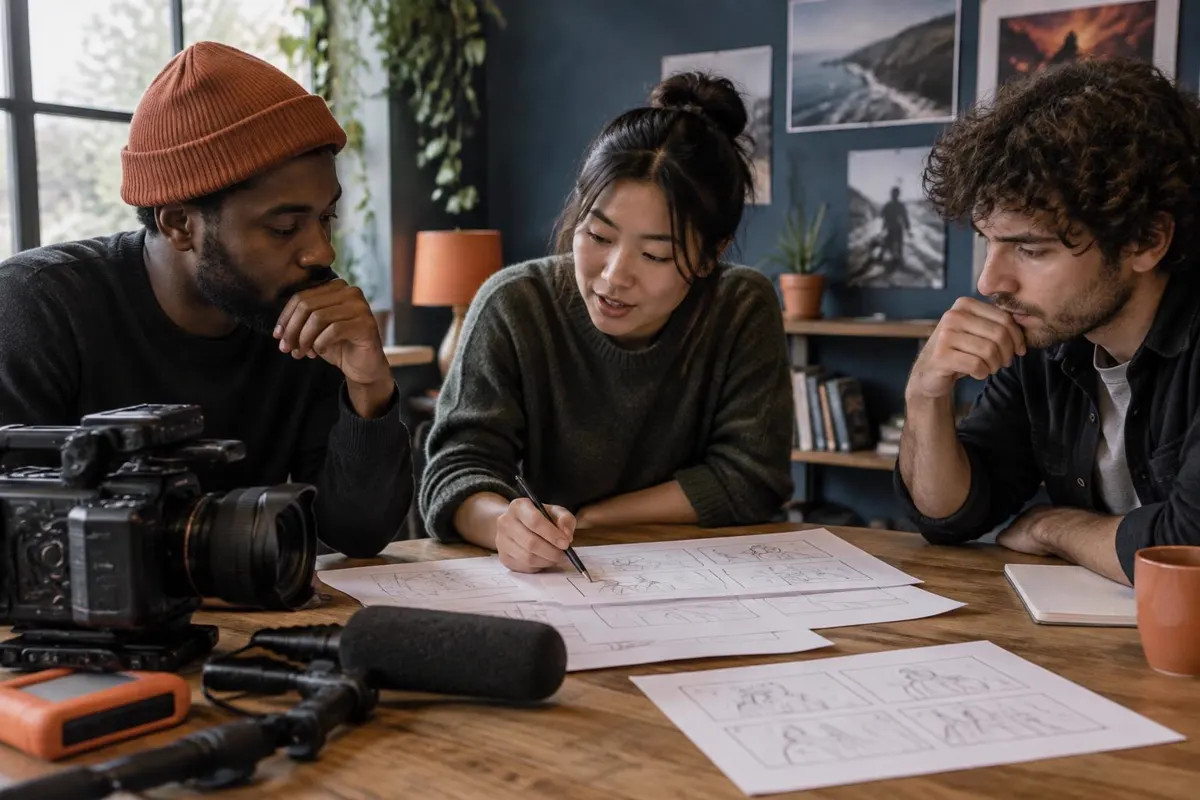 Illustration of three creatives planning a video around storyboard sketches, with a camera and microphone on the table.
